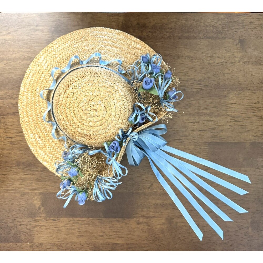Straw Hat with Blue Flowers, Ribbons Grannycore Cottagecore Wall Decor Blue